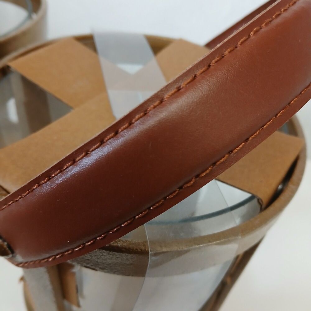 Threshold Glass Candle Holder Set of 2 Brushed Metal w/Brown Faux Leather Handle - Picture 4 of 9